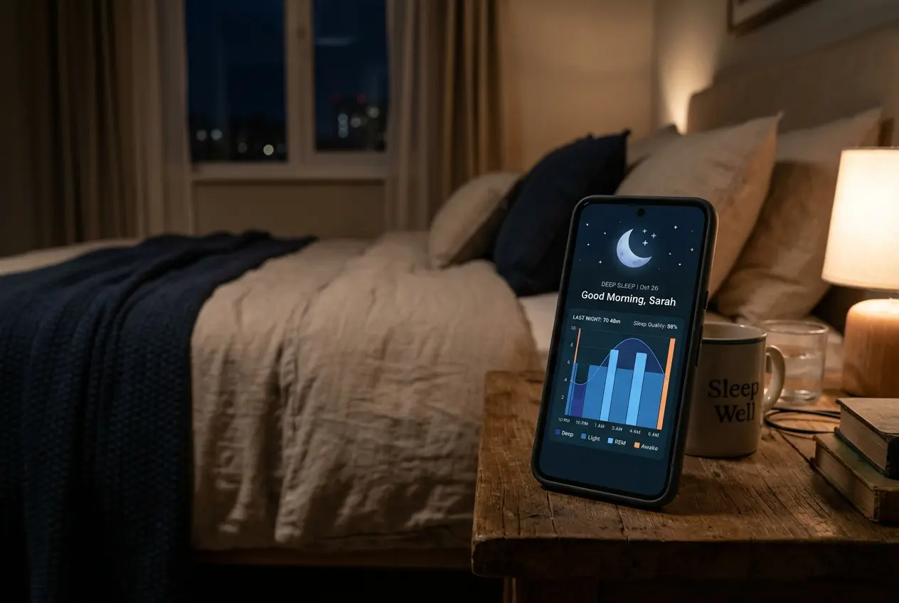 Smartphone with the Nimbus sleep tracking app on a bedside table at night