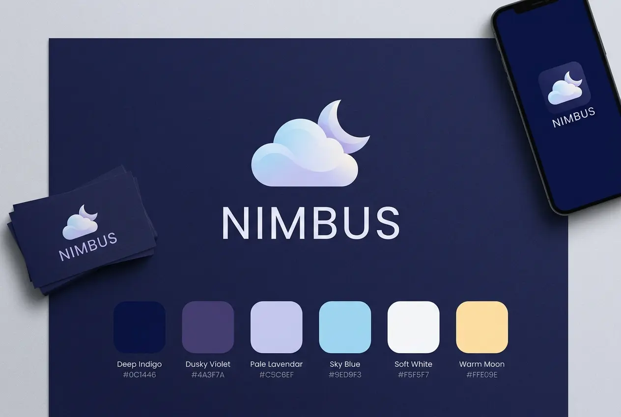 Nimbus brand identity with cloud and moon logo on indigo background